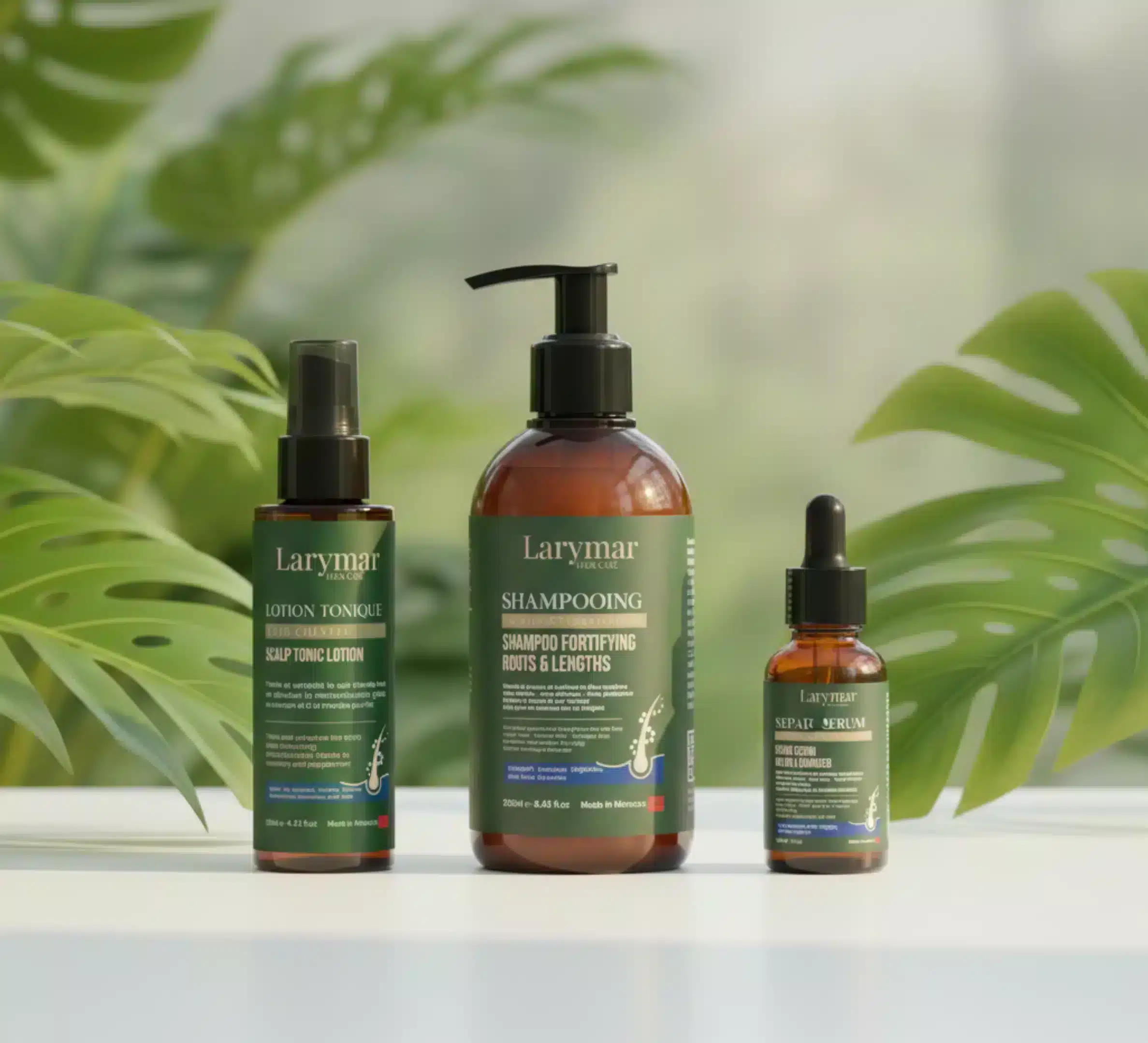 Pack soins capillaires Larymar avec shampooing fortifiant, lotion tonifiante et sérum réparateur pour cheveux au Maroc